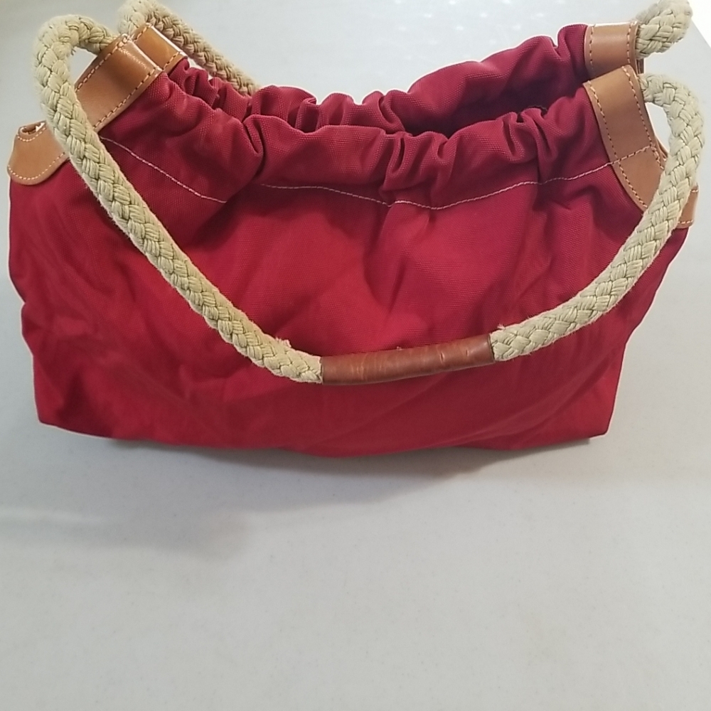 Fossil Canvas Bag With Rope Handles and Leather Accents Red